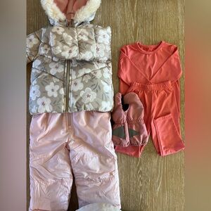 Carter's Toddler Girl 2 Piece Snow Bib Coat Baselayer Snow Mittens Full Set